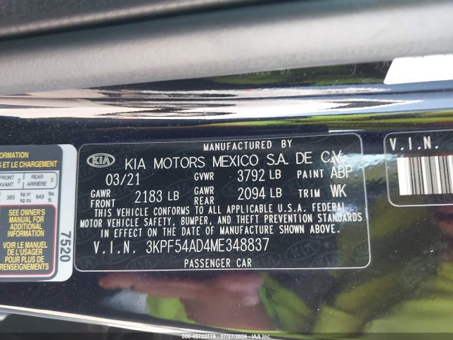 Aukcja sprzedaży 2021 Kia Forte Ex, vin: 3KPF54AD4ME348837, numer aukcji: 45722776