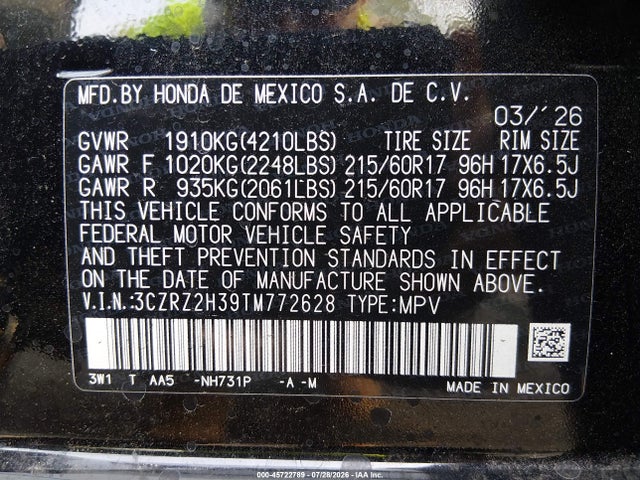 2026 Honda Hr-v Awd Lx მანქანა იყიდება აუქციონზე, vin: 3CZRZ2H39TM772628, აუქციონის ნომერი: 45722789