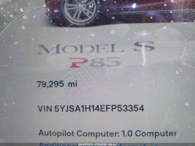 2014 Tesla Model S P85 მანქანა იყიდება აუქციონზე, vin: 5YJSA1H14EFP53354, აუქციონის ნომერი: 45722792