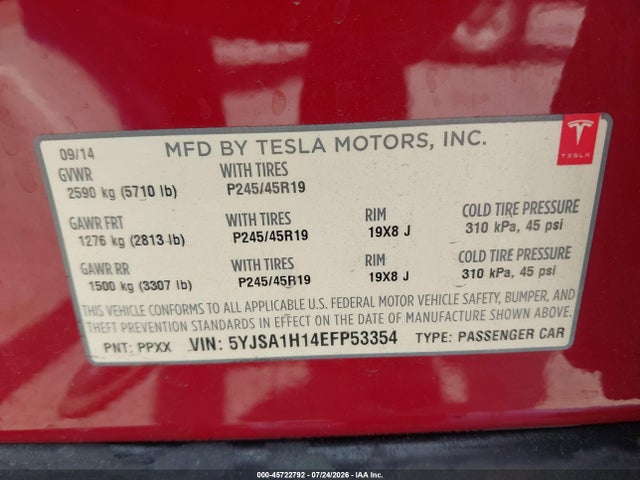 2014 Tesla Model S P85 მანქანა იყიდება აუქციონზე, vin: 5YJSA1H14EFP53354, აუქციონის ნომერი: 45722792