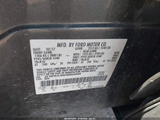Aukcja sprzedaży 2017 Ford Edge Sel, vin: 2FMPK4J99HBB62695, numer aukcji: 45722800
