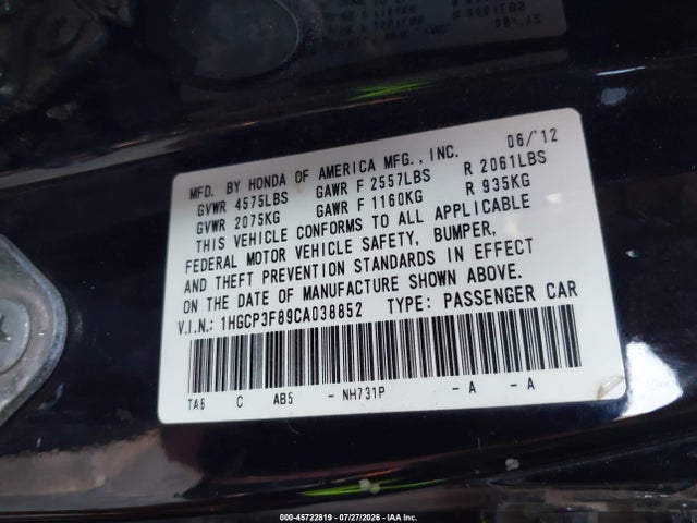 2012 Honda Accord 3.5 Ex-l მანქანა იყიდება აუქციონზე, vin: 1HGCP3F89CA038852, აუქციონის ნომერი: 45722819