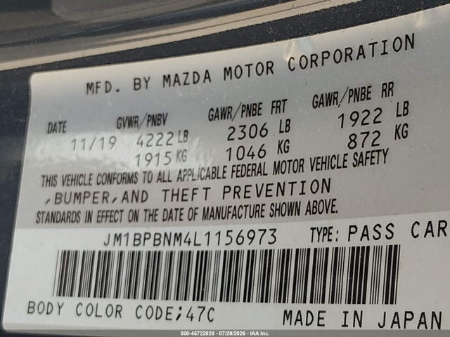 Aukcja sprzedaży 2020 Mazda Mazda3 Premium Package, vin: JM1BPBNM4L1156973, numer aukcji: 45722828