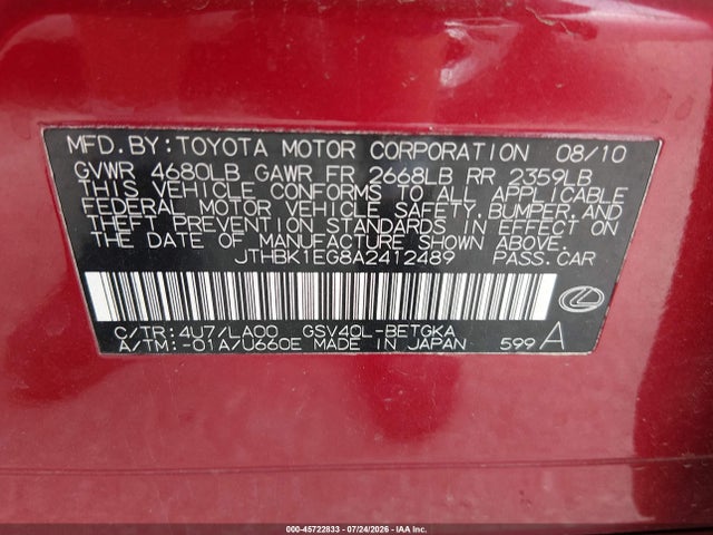 Продажа на аукционе авто 2010 Lexus Es 350, vin: JTHBK1EG8A2412489, номер лота: 45722833