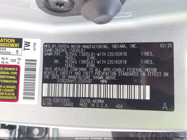 5TDGZRAH7LS505497 Toyota Highlander Xle