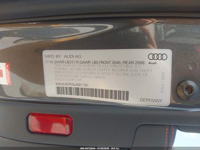 Aukcja sprzedaży 2020 Audi S5 Sportback Premium Plus Tfsi Quattro Tiptronic, vin: WAUC4CF59LA001181, numer aukcji: 45722844