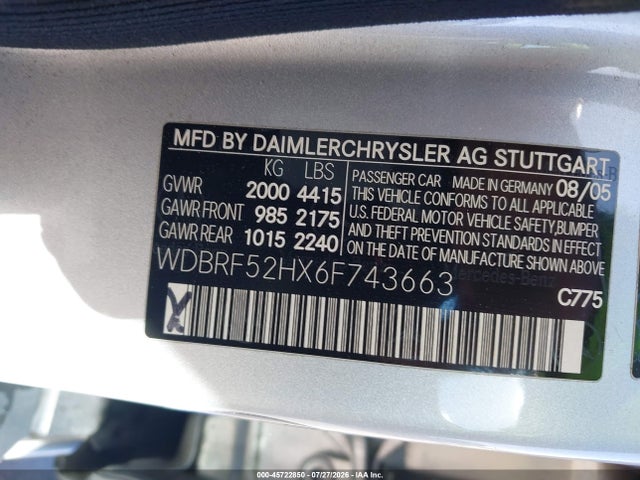 Aukcja sprzedaży 2006 Mercedes-benz C 230 Sport, vin: WDBRF52HX6F743663, numer aukcji: 45722850
