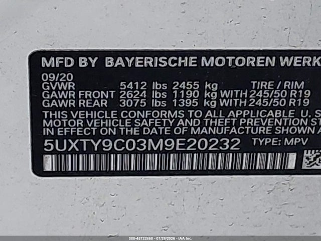 Aukcja sprzedaży 2021 Bmw X3 M40i, vin: 5UXTY9C03M9E20232, numer aukcji: 45722868