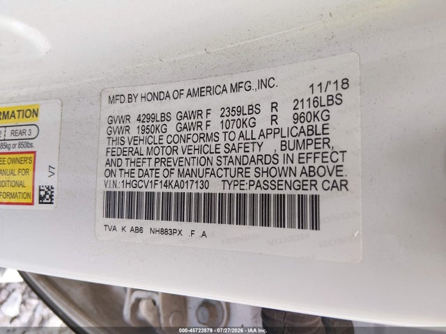 1HGCV1F14KA017130 Honda ACCORD LX
