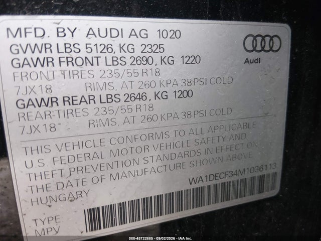 Aukcja sprzedaży 2021 Audi Q3 Premium 45 Tfsi S Line Quattro Tiptronic, vin: WA1DECF34M1036113, numer aukcji: 45722885
