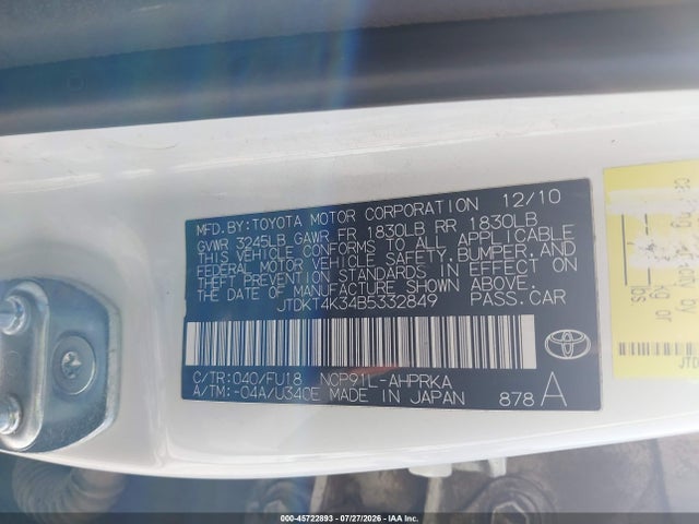 Aukcja sprzedaży 2011 Toyota Yaris, vin: JTDKT4K34B5332849, numer aukcji: 45722893