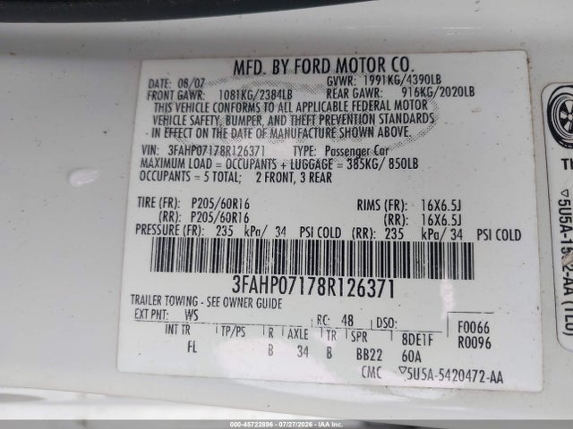 Продажа на аукционе авто 2008 Ford Fusion Se, vin: 3FAHP07178R126371, номер лота: 45722896