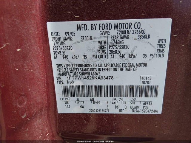 Aukcja sprzedaży 2006 Ford F-150 Fx4/lariat/xlt, vin: 1FTPW14526KA93478, numer aukcji: 45722907