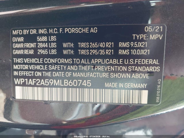Продаж на аукціоні авто 2021 Porsche Macan Turbo, vin: WP1AF2A59MLB60745, номер лоту: 45722916