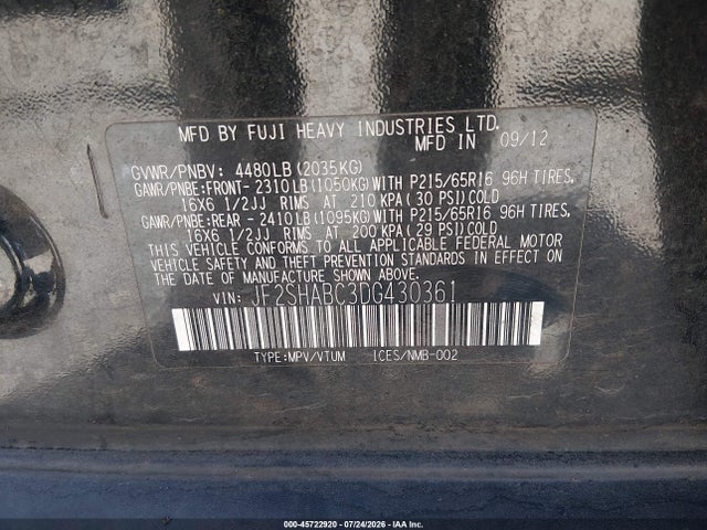 45722920 :رقم المزاد ، JF2SHABC3DG430361 vin ، 2013 Subaru Forester 2.5x مزاد بيع
