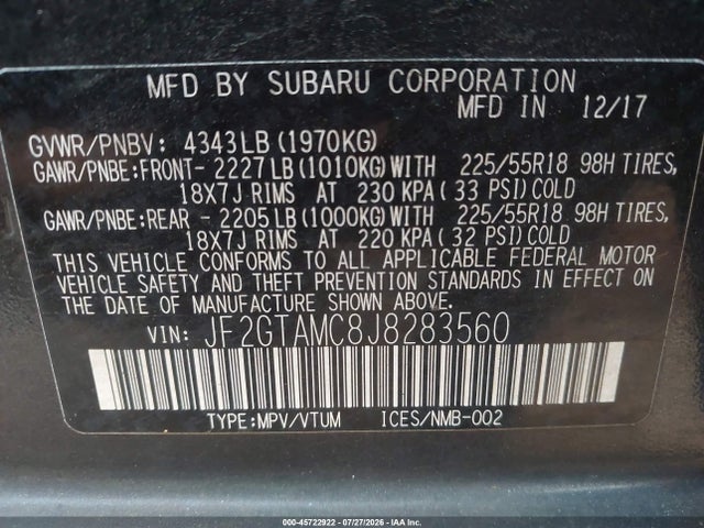 45722922 :رقم المزاد ، JF2GTAMC8J8283560 vin ، 2018 Subaru Crosstrek 2.0i Limited مزاد بيع