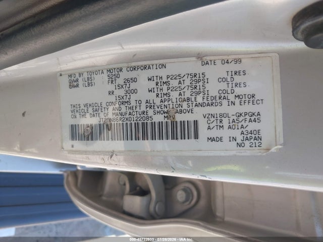 1999 Toyota 4runner Sr5 V6 მანქანა იყიდება აუქციონზე, vin: JT3GN86R2X0122085, აუქციონის ნომერი: 45722933