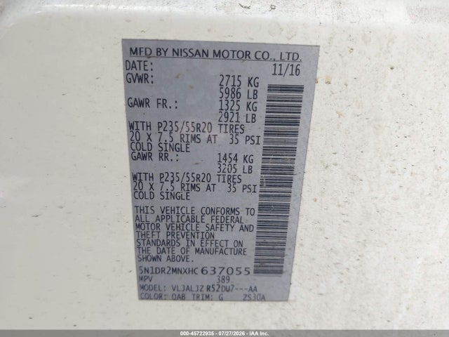 5N1DR2MNXHC637055 Nissan Pathfinder Platinum