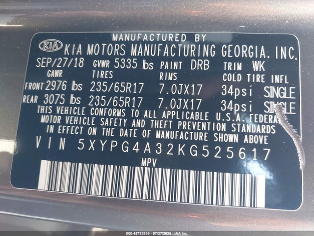 KIA Sorento 2.4l Lx 2019 5XYPG4A32KG525617 Image 9