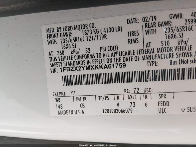 2019 Ford Transit-350 Xlt მანქანა იყიდება აუქციონზე, vin: 1FBZX2YMXKKA61759, აუქციონის ნომერი: 45722941