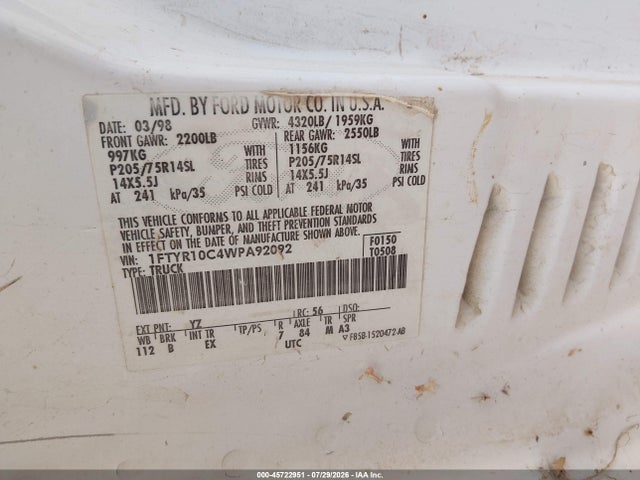 1998 Ford Ranger Splash/xl/xlt მანქანა იყიდება აუქციონზე, vin: 1FTYR10C4WPA92092, აუქციონის ნომერი: 45722951