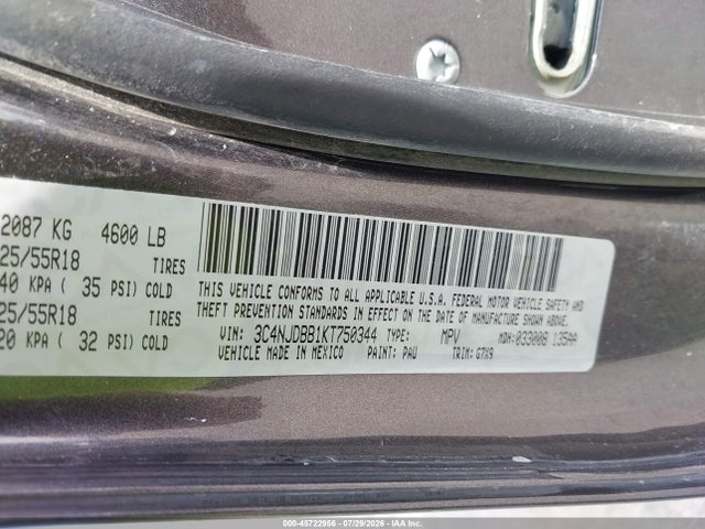 2019 Jeep Compass Altitude 4x4 მანქანა იყიდება აუქციონზე, vin: 3C4NJDBB1KT750344, აუქციონის ნომერი: 45722956