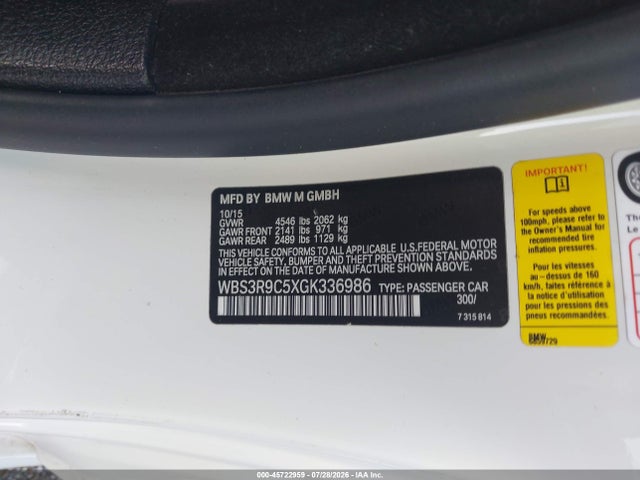 Aukcja sprzedaży 2016 Bmw M4, vin: WBS3R9C5XGK336986, numer aukcji: 45722959