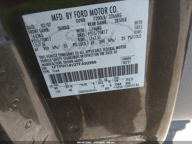 Aukcja sprzedaży 2007 Ford F-150 Fx4/lariat/xlt, vin: 1FTPW14V27FA92986, numer aukcji: 45722963