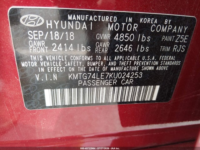 45722964 :رقم المزاد ، KMTG74LE7KU024253 vin ، 2019 Genesis G70 3.3t Advanced مزاد بيع