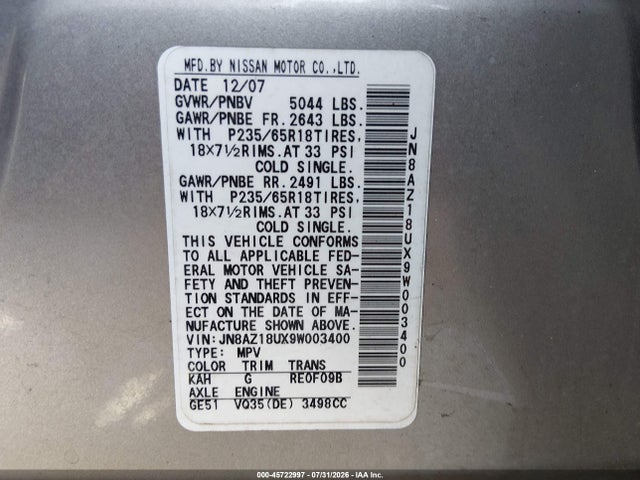 Продажа на аукционе авто 2009 Nissan Murano Sl, vin: JN8AZ18UX9W003400, номер лота: 45722997