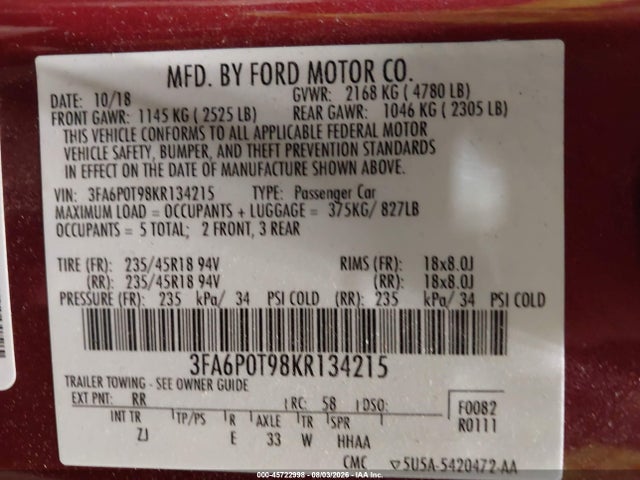 Auction sale of the 2019 Ford Fusion Se, vin: 3FA6P0T98KR134215, lot number: 45722998