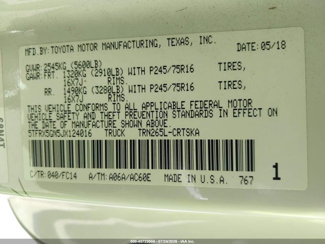 5TFRX5GN5JX124016 Toyota Tacoma Sr5