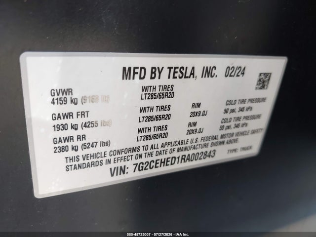 45723007 :رقم المزاد ، 7G2CEHED1RA002843 vin ، 2024 Tesla Cybertruck All-wheel Drive مزاد بيع
