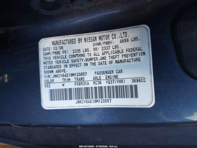 Aukcja sprzedaży 2008 Infiniti G37 Sport, vin: JNKCV64E18M120657, numer aukcji: 45723008