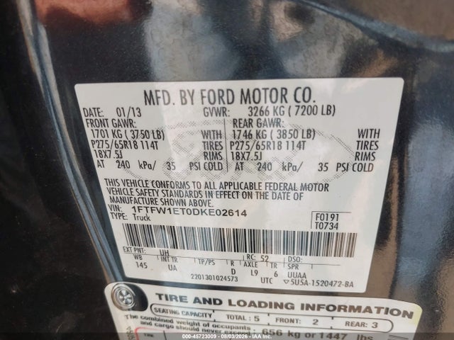 45723009 :رقم المزاد ، 1FTFW1ET0DKE02614 vin ، 2013 Ford F-150 Xlt مزاد بيع