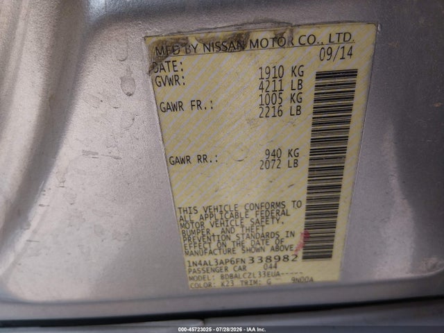 45723025 :رقم المزاد ، 1N4AL3AP6FN338982 vin ، 2015 Nissan Altima 2.5/2.5 S/2.5 Sl/2.5 Sv مزاد بيع