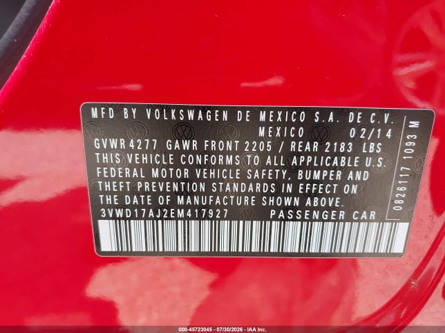 2014 Volkswagen Jetta 1.8t Se მანქანა იყიდება აუქციონზე, vin: 3VWD17AJ2EM417927, აუქციონის ნომერი: 45723045