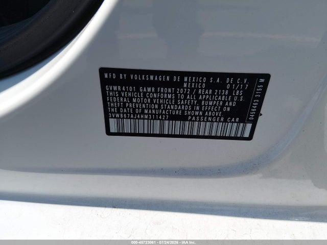 2017 Volkswagen Jetta 1.4t Se მანქანა იყიდება აუქციონზე, vin: 3VWB67AJ4HM311427, აუქციონის ნომერი: 45723061
