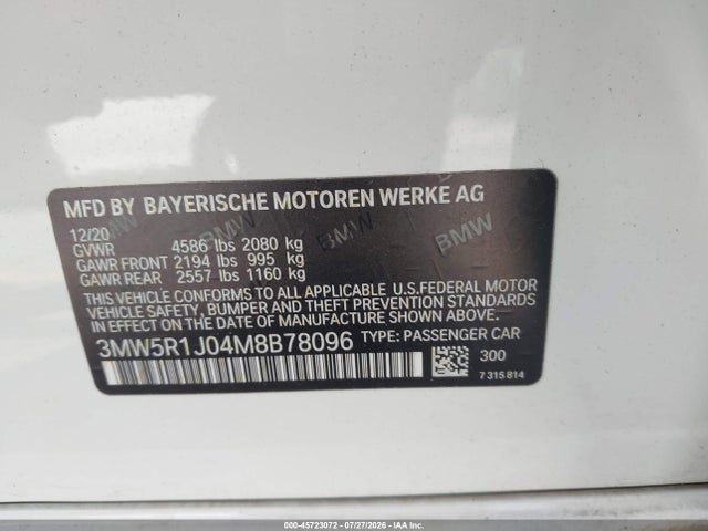 Aukcja sprzedaży 2021 Bmw 330i, vin: 3MW5R1J04M8B78096, numer aukcji: 45723072