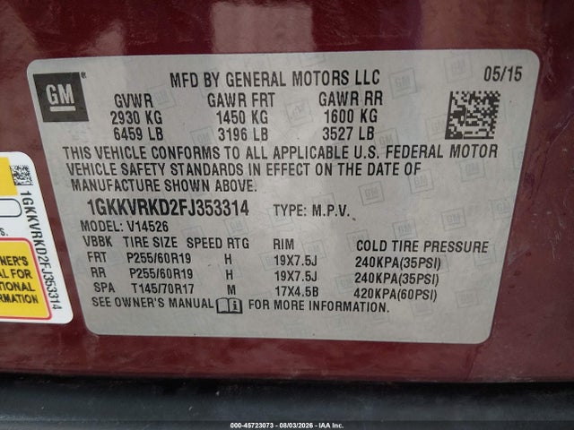 45723073 :رقم المزاد ، 1GKKVRKD2FJ353314 vin ، 2015 Gmc Acadia Slt مزاد بيع