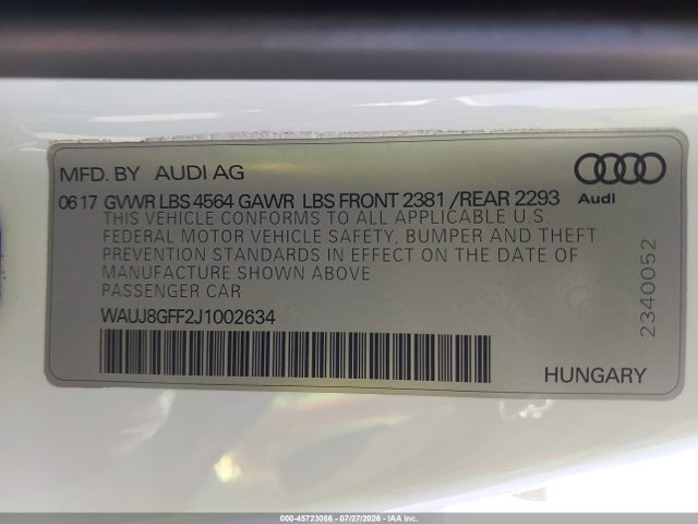 Aukcja sprzedaży 2018 Audi A3 2.0t Premium/2.0t Tech Premium, vin: WAUJ8GFF2J1002634, numer aukcji: 45723086