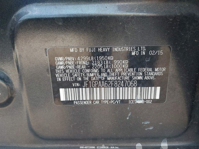 Aukcja sprzedaży 2015 Subaru Impreza 2.0i, vin: JF1GPAA62F8247068, numer aukcji: 45723096