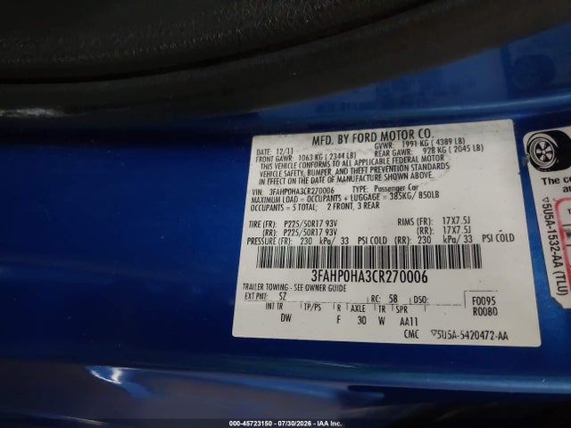 Продажа на аукционе авто 2012 Ford Fusion Se, vin: 3FAHP0HA3CR270006, номер лота: 45723150