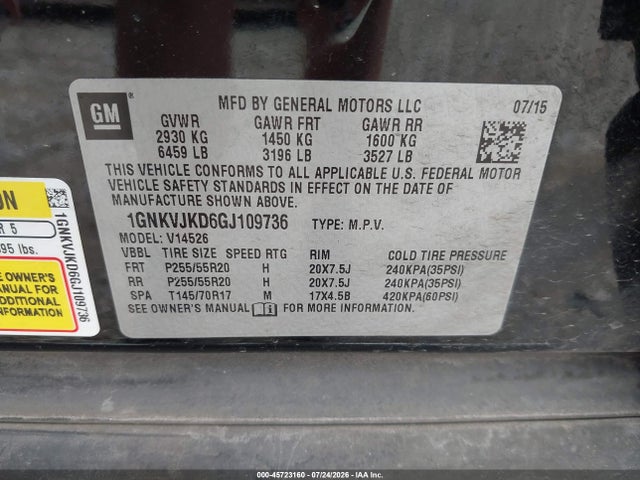 2016 Chevrolet Traverse Ltz მანქანა იყიდება აუქციონზე, vin: 1GNKVJKD6GJ109736, აუქციონის ნომერი: 45723160