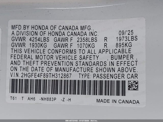 45723163 :رقم المزاد ، 2HGFE4F89TH312867 vin ، 2026 Honda Civic Hybrid Sport/sport Touring مزاد بيع
