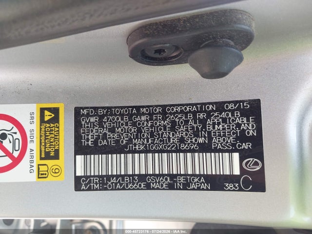 Продаж на аукціоні авто 2016 Lexus Es 350, vin: JTHBK1GGXG2218696, номер лоту: 45723176