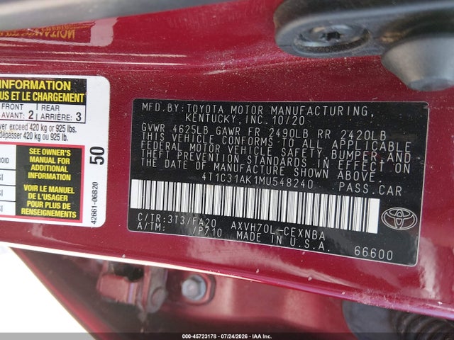 2021 Toyota Camry Le Hybrid მანქანა იყიდება აუქციონზე, vin: 4T1C31AK1MU548240, აუქციონის ნომერი: 45723178