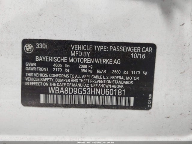 Продажа на аукционе авто 2017 Bmw 330i Xdrive, vin: WBA8D9G53HNU60181, номер лота: 45723187