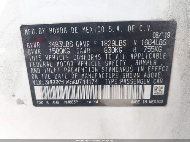 2019 Honda Fit Lx მანქანა იყიდება აუქციონზე, vin: 3HGGK5H45KM744174, აუქციონის ნომერი: 45723213