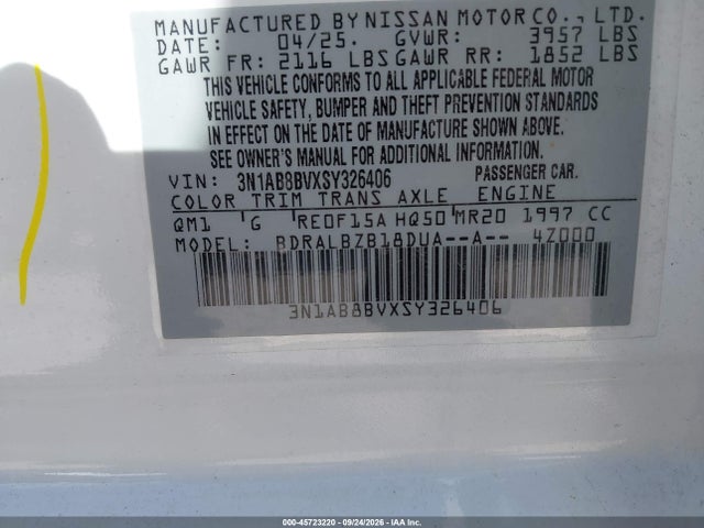 Продаж на аукціоні авто 2025 Nissan Sentra S, vin: 3N1AB8BVXSY326406, номер лоту: 45723220